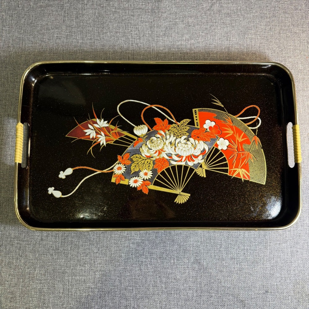 VTG Toyo Japan Lacquerware Serving Tea Tray Lacquerware Floral Fan 19 x 11.5"